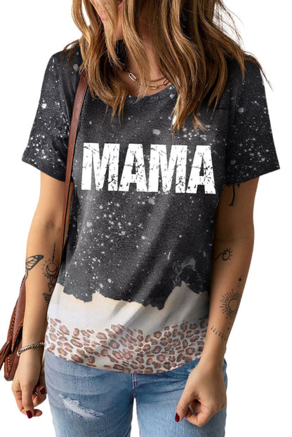 MAMA Letter Graphic Leopard Bleached T Shirt