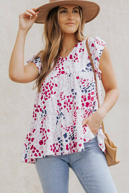 Spotted Print Ruffled V Neck Tank Top