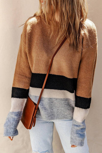 Color Block Striped Ribbed Knit Sweater