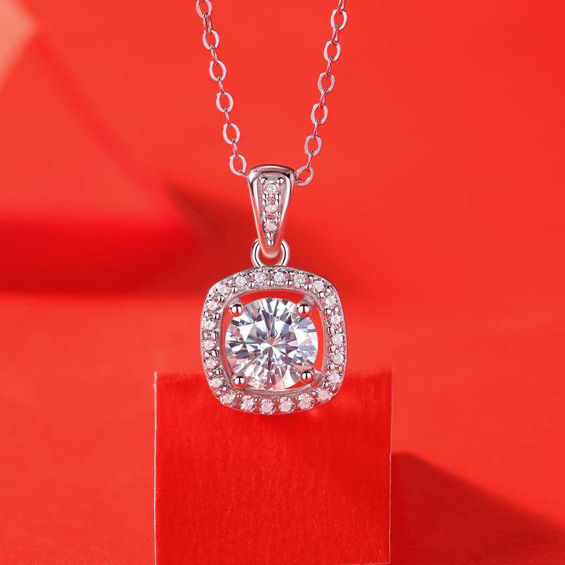 Square-Shaped 925 Sterling Silver Moissanite Pendant Necklace