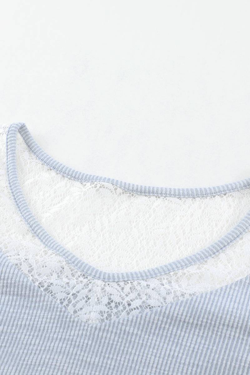 Lace Splicing V Neck Ribbed Top