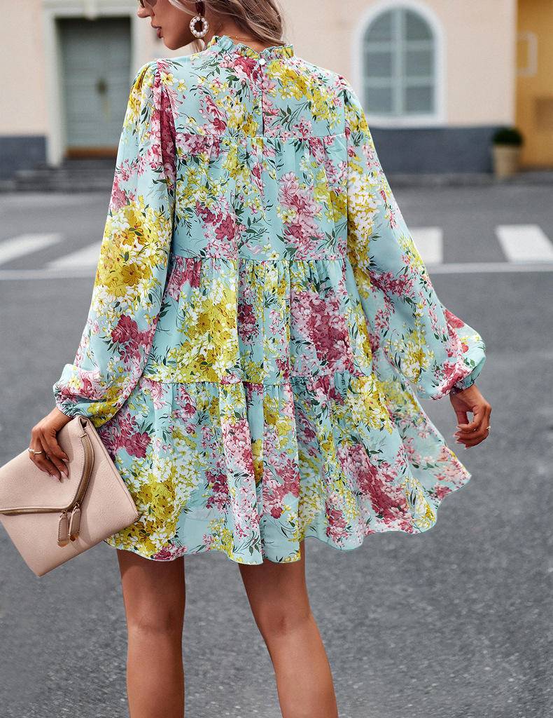Floral Long Sleeve Smocked Chiffon Mini Dress