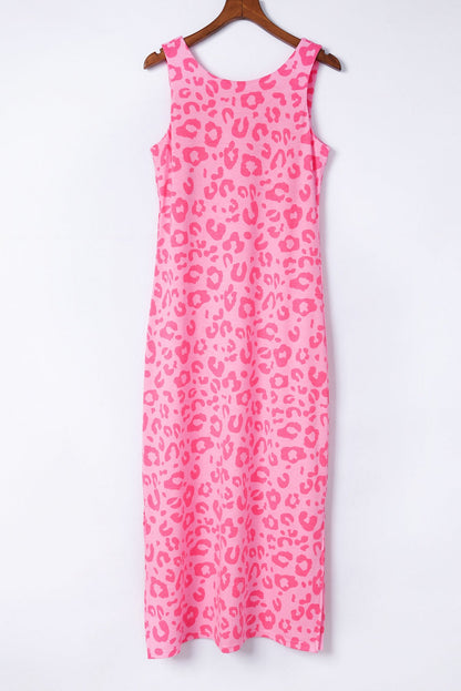 Slit Leopard Print Sleeveless Maxi Dress
