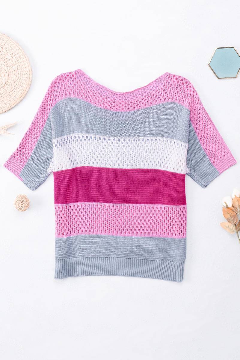 Knitted Eyelet Colorblock Striped Half Sleeves Top