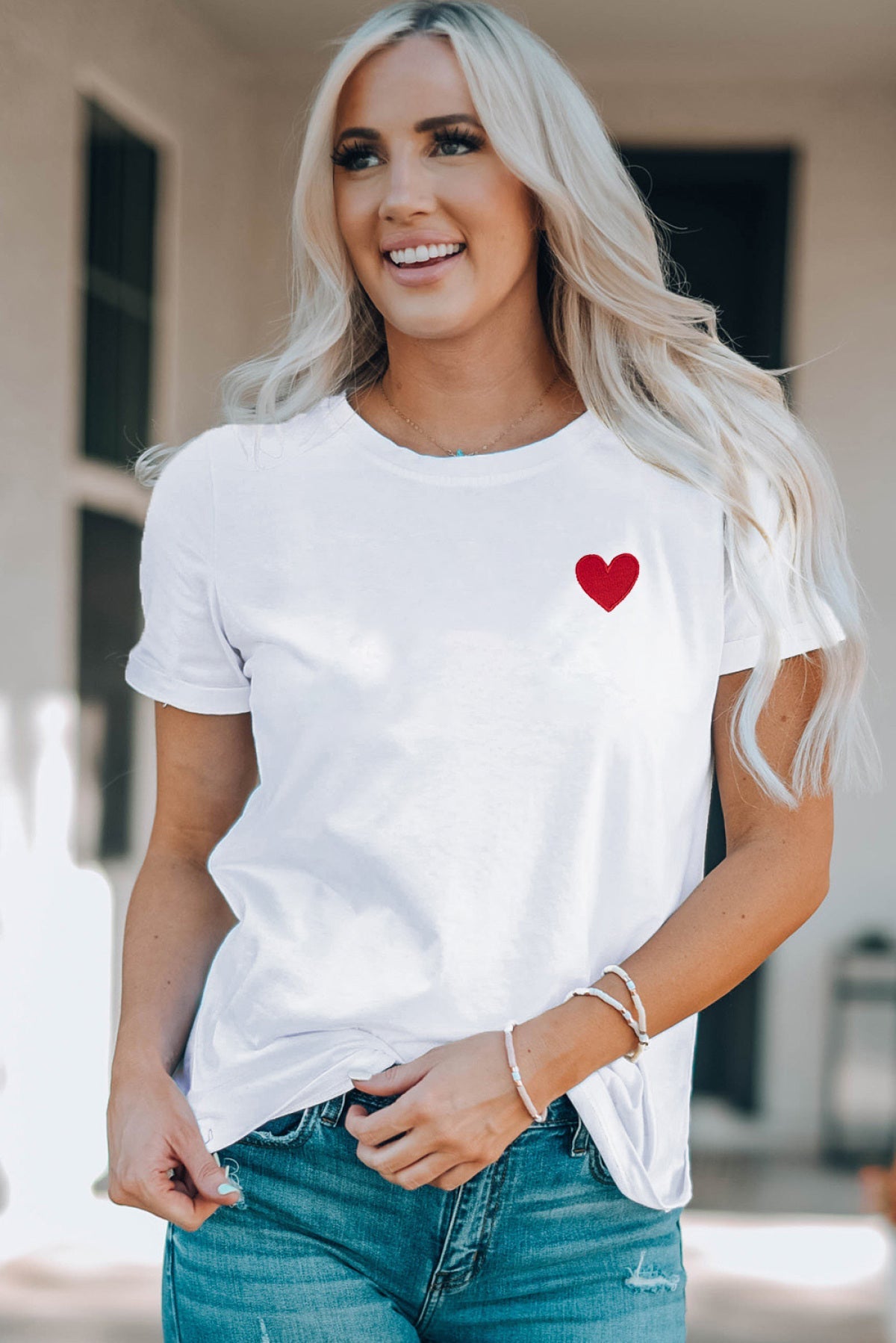 White Valentines Heart Pattern Embroidery T Shirt