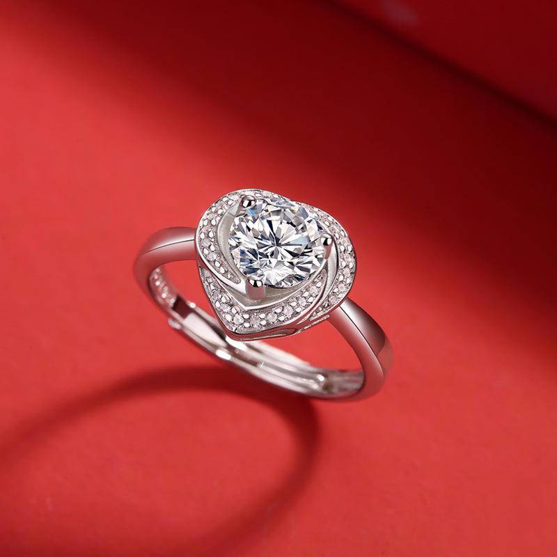 Heart-Shaped 925 Sterling Silver Moissanite Adjustable Ring