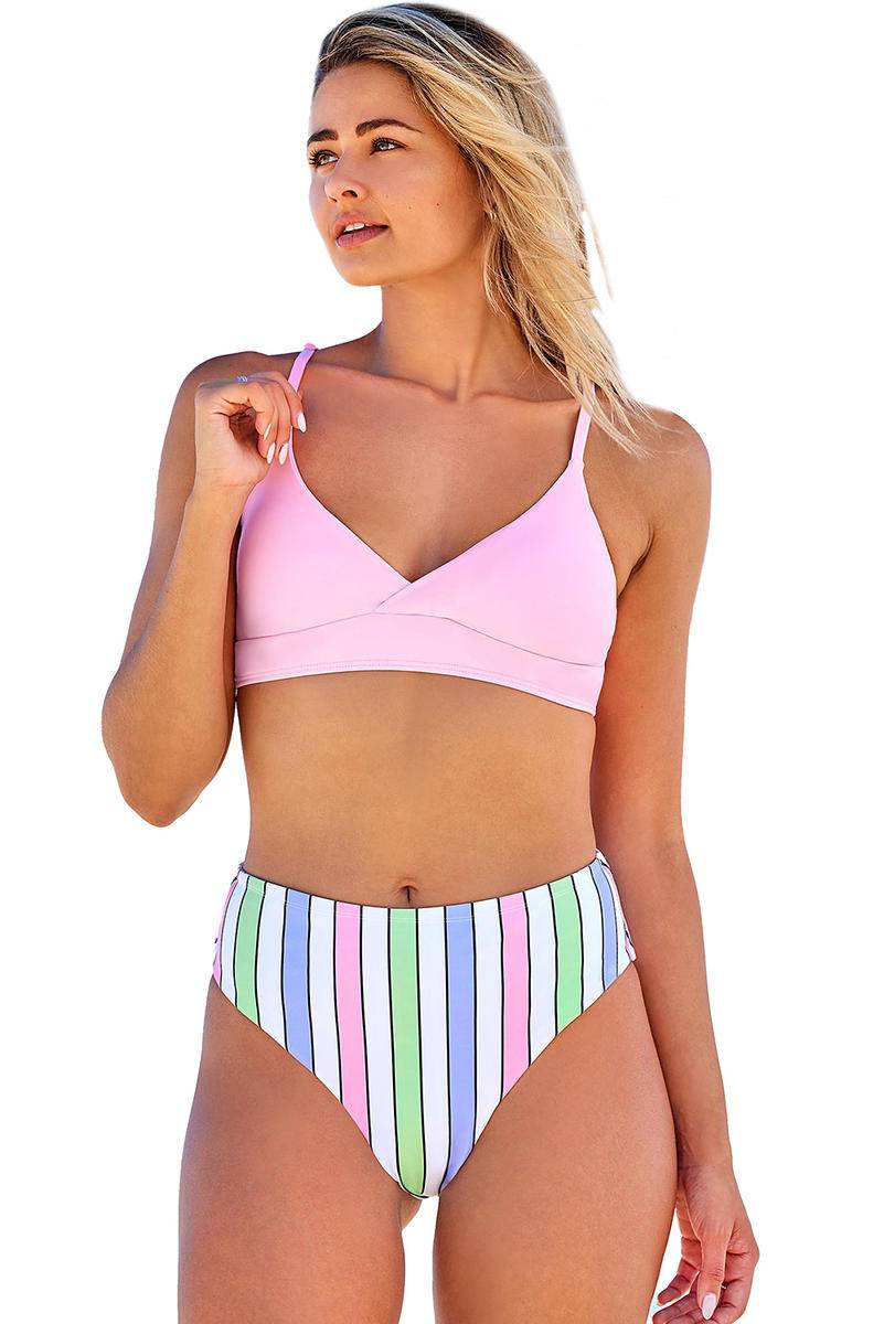 Solid Color Top And Striped Bottom Bikini Set