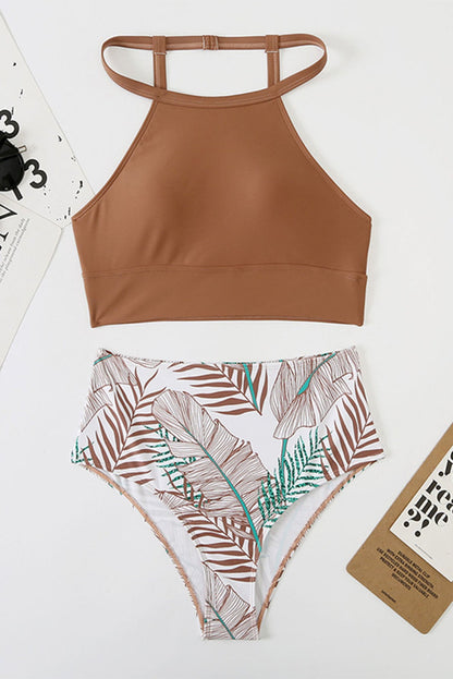 Solid Strappy Halter Bikini Printed High Waist Swimsuit