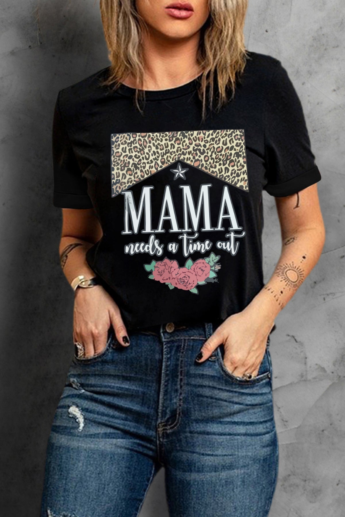Black Mama Needs A Time Out Leopard Rose Graphic Tee