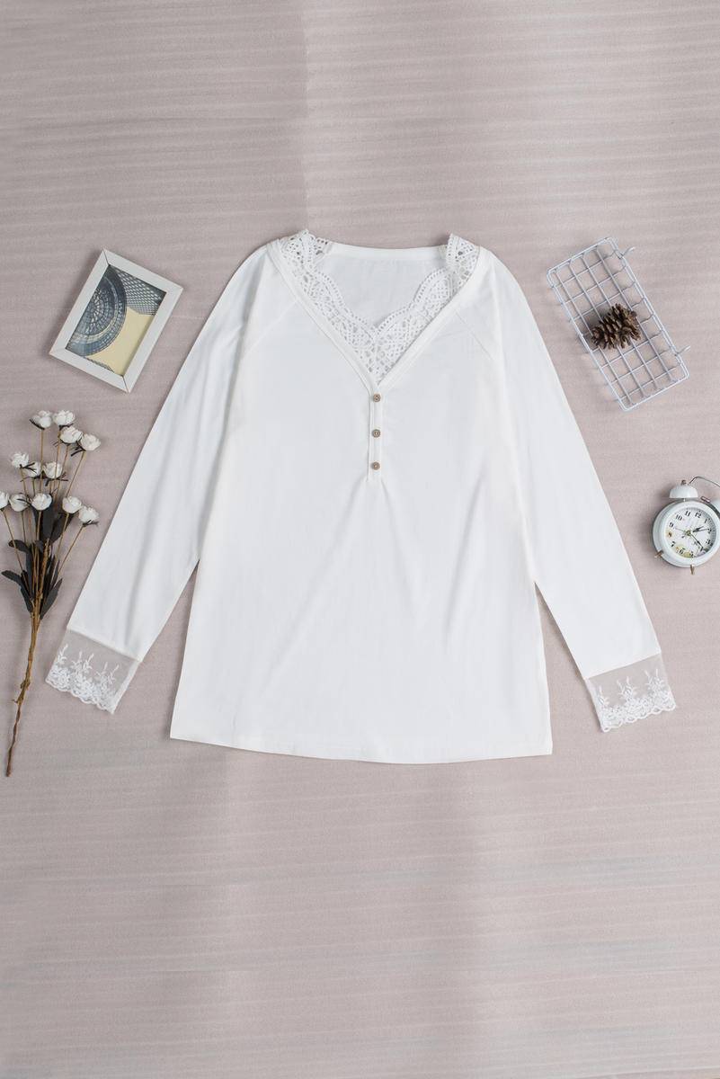 Lace Splicing Button V Neck Long Sleeve Top