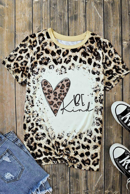 BE Kind Leopard Heart Print Short Sleeve T Shirt