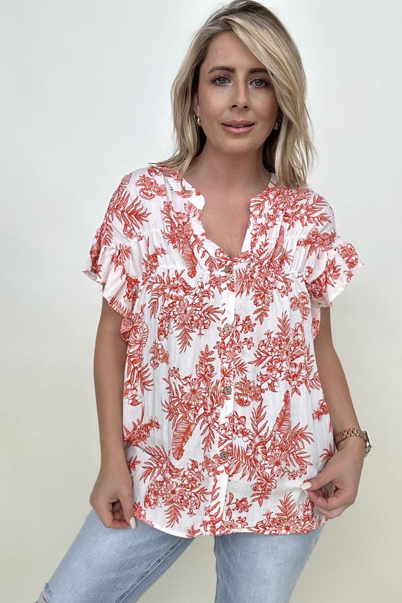 Cozy Co Floral Print Button Down Ruffle Sleeve Top