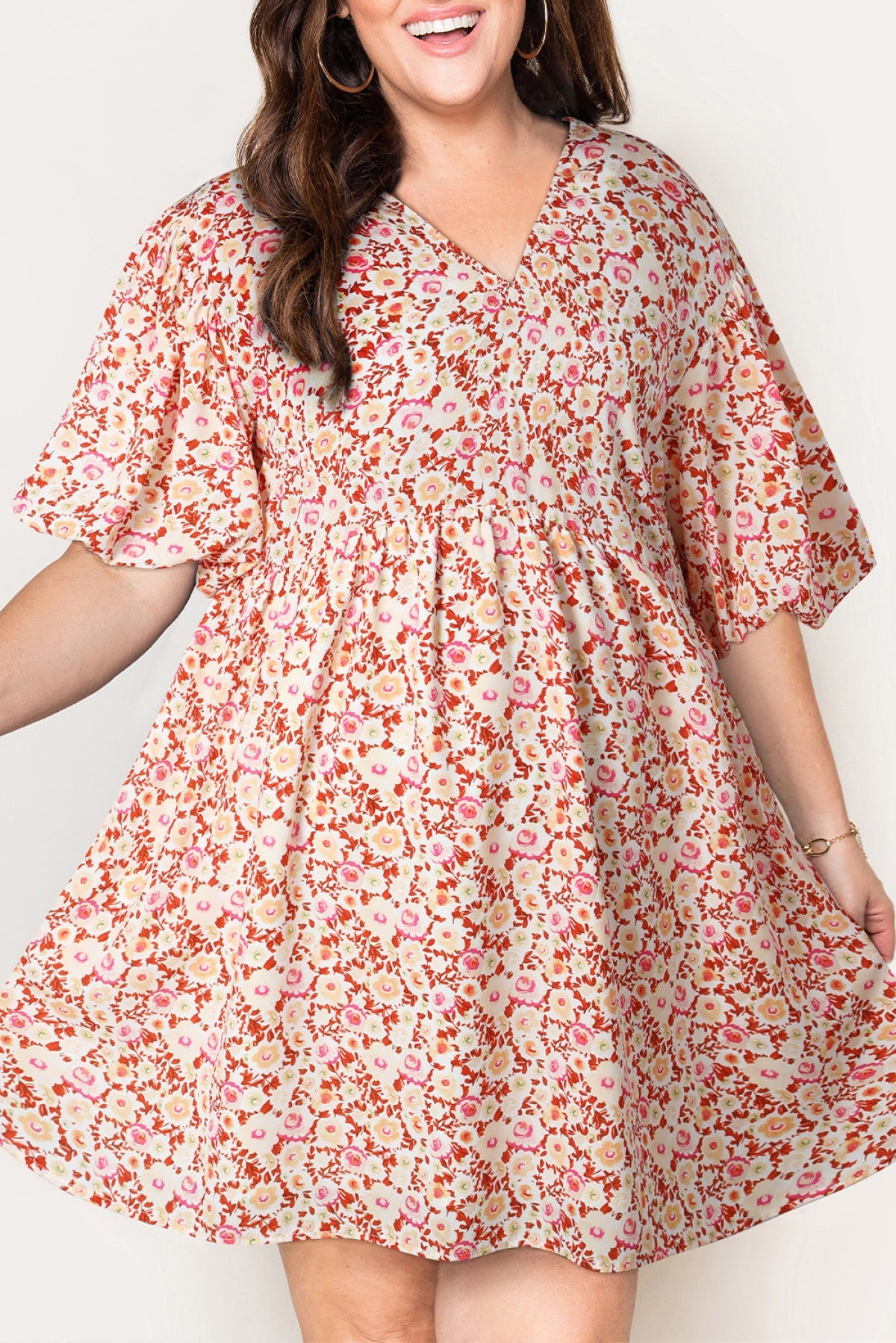 Plus Size V Neck Floral Print Puff Sleeves Dress