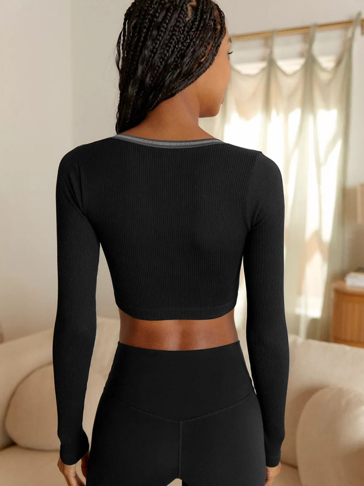 Notched Long Sleeve Ribbed Knt Crop Top