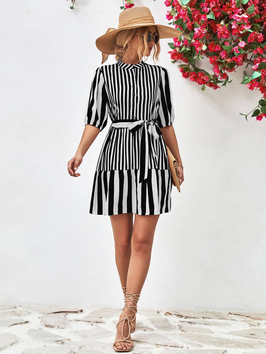 Striped Puff Sleeve Buttons Up Dress With Belt
