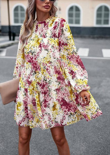 Floral Long Sleeve Smocked Chiffon Mini Dress