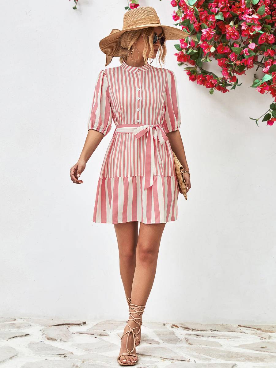 Striped Puff Sleeve Buttons Up Dress With Belt
