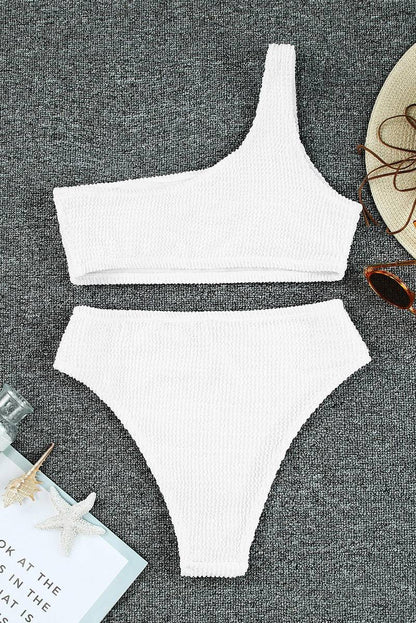 Crinkle Textured Asymmetric One Shoulder Bikini Swimsuit