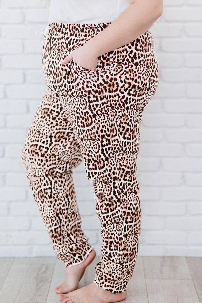 Leopard Ripped Drawstring Mid Waist Plus Size Pants