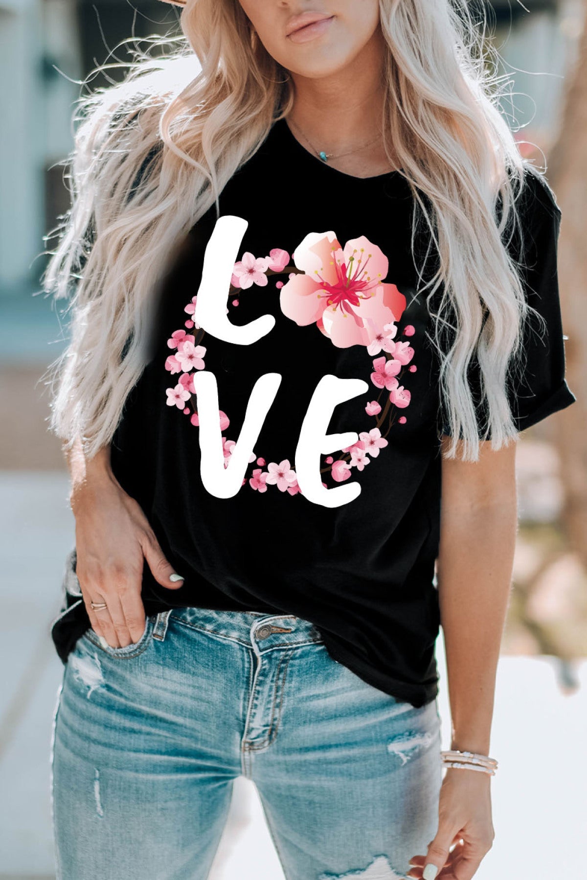 LOVE Cherry Blossoms Graphic Print Short Sleeve T Shirt