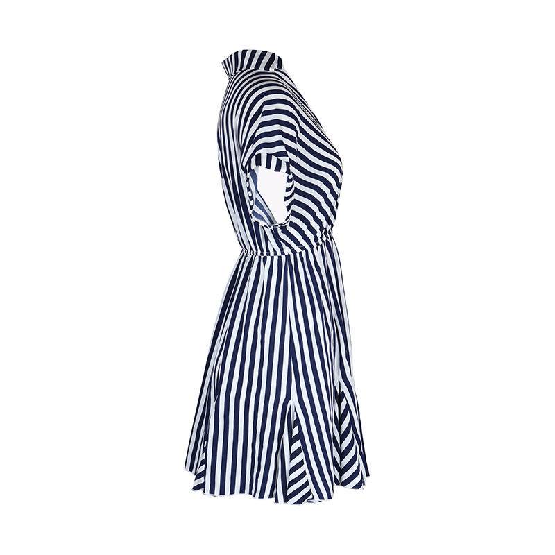 Striped Cuffed Short Sleeve Tie Waist Mini Dress