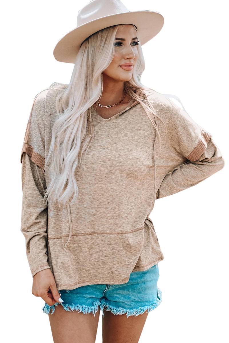 Waffle Patchwork V Neck Pullover Knit Hoodie