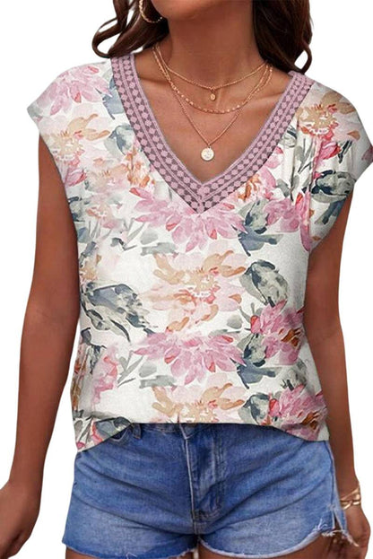 Floral Print Lace Splicing Sleeveless Blouse