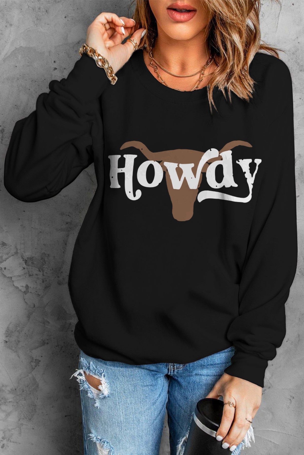 Black HOWDY Steer Head Print Long Sleeve Sweatshirt