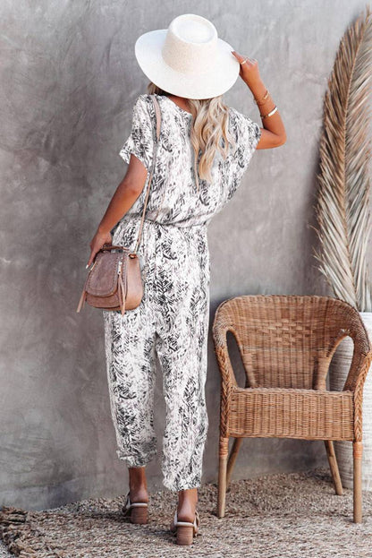 Printed V Neck Drawstring Relaxed Jumpsuit