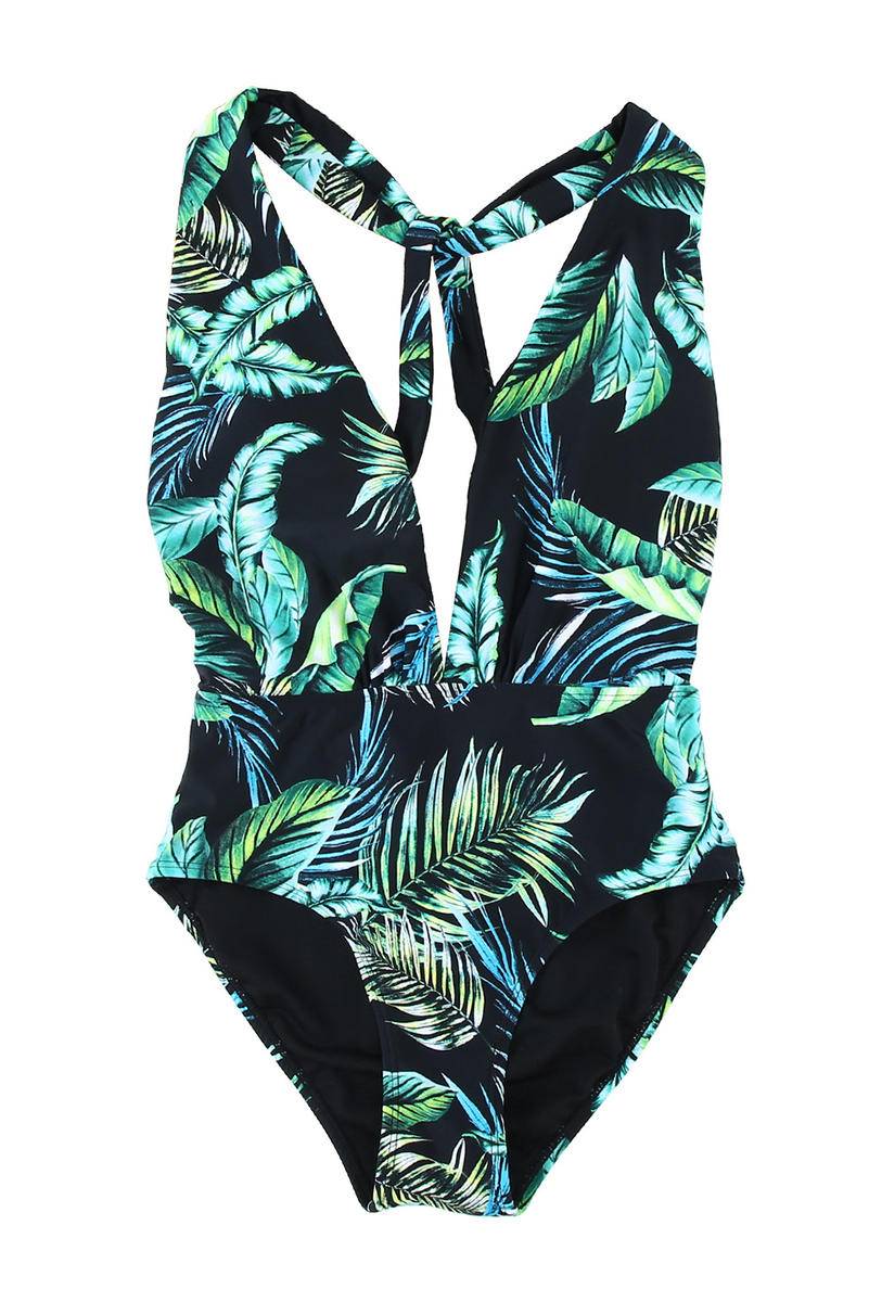 Tropical Backless Deep V Neck One-Piece Swimwear