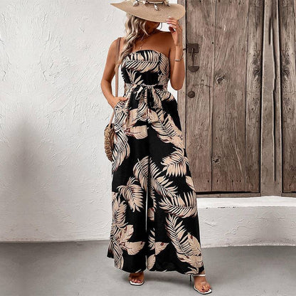 Plants Print Tie Waist Strapless Jumpsuits With Pockets