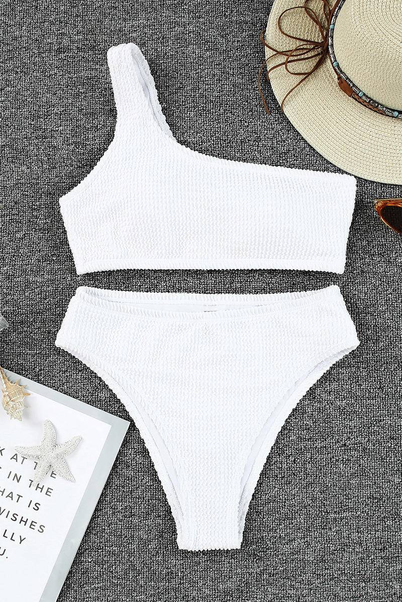 Crinkle Textured Asymmetric One Shoulder Bikini Swimsuit