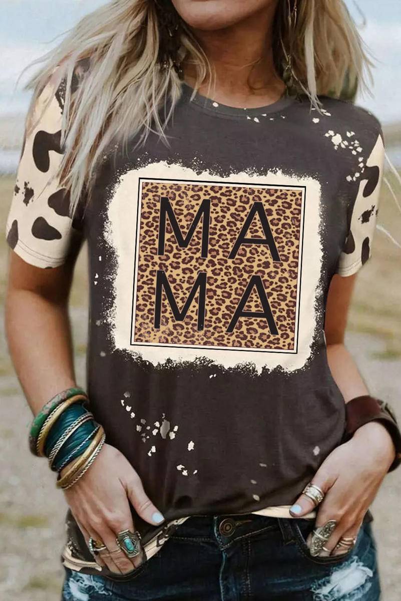 Bleached Leopard MAMA Graphic Round Neck Tee