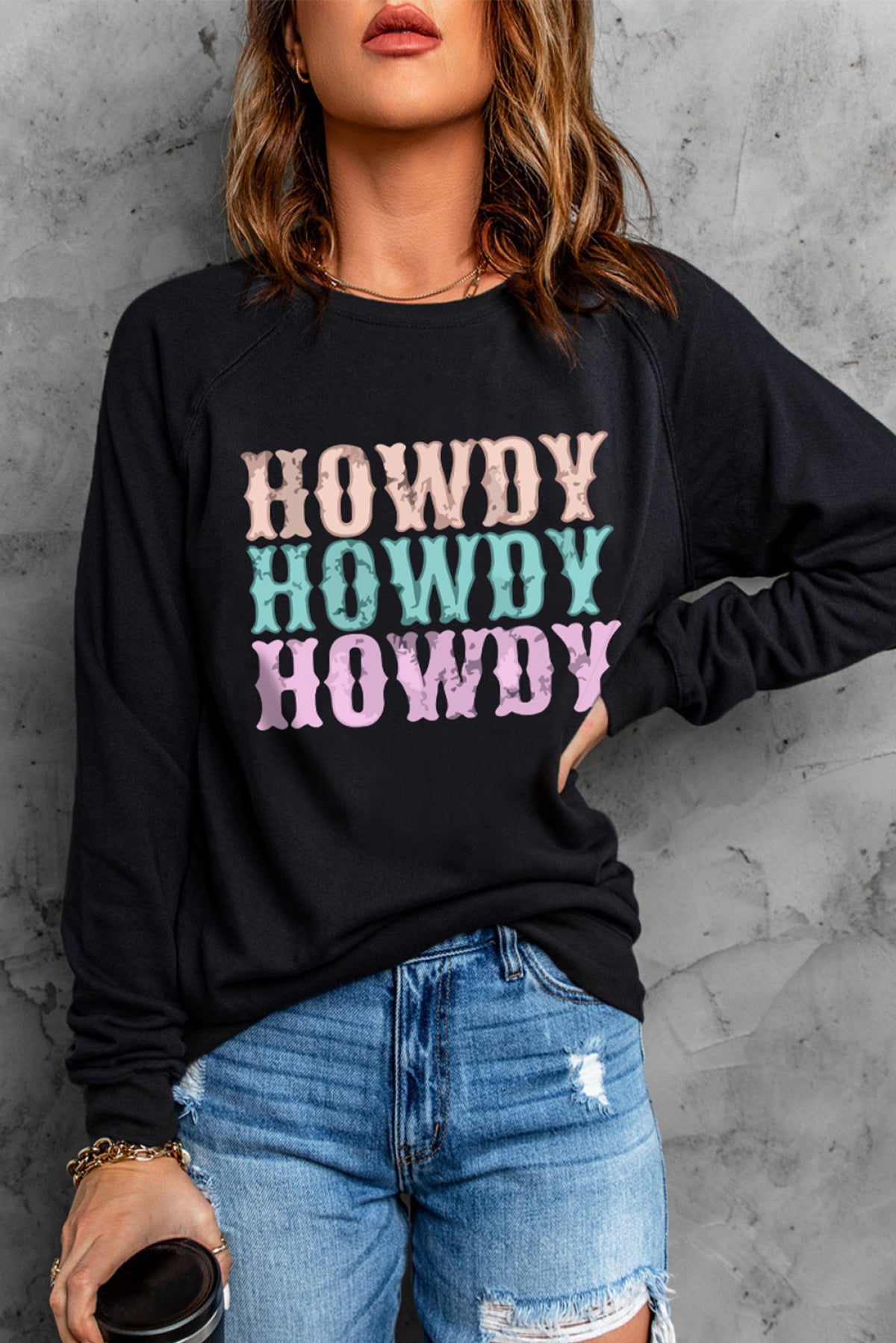 HOWDY Letter Print Long Sleeve Sweatshirt