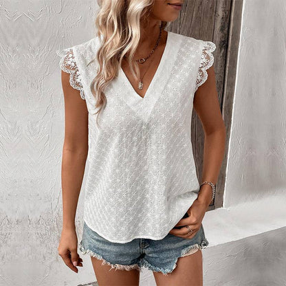 V-Neck Flare Sleeve Lace Cut Out Openwork Top