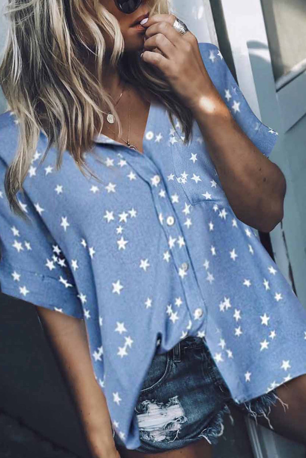 Stars Print Cuffed Sleeves Shirt