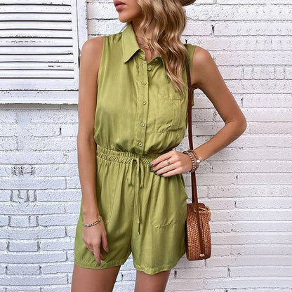Collared Sleeveless Drawstring Rompers With Pockets