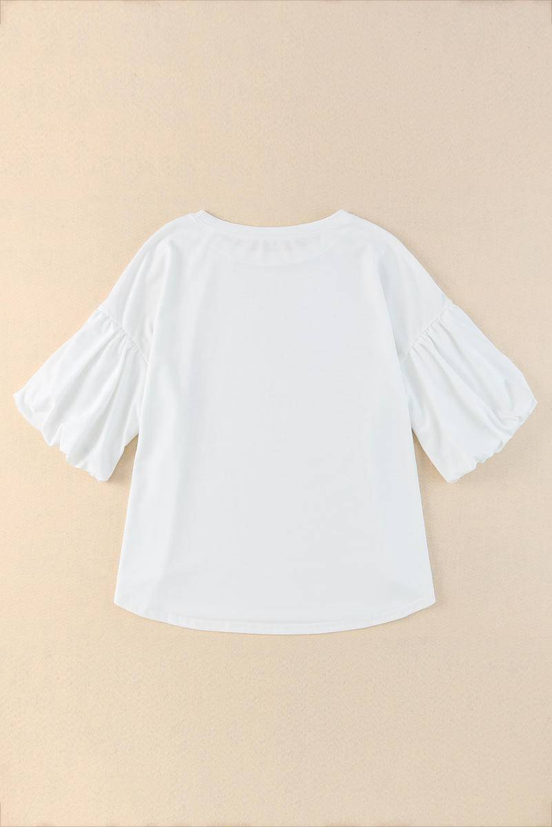 White Bubble Sleeve Round Neck Tee Shirt