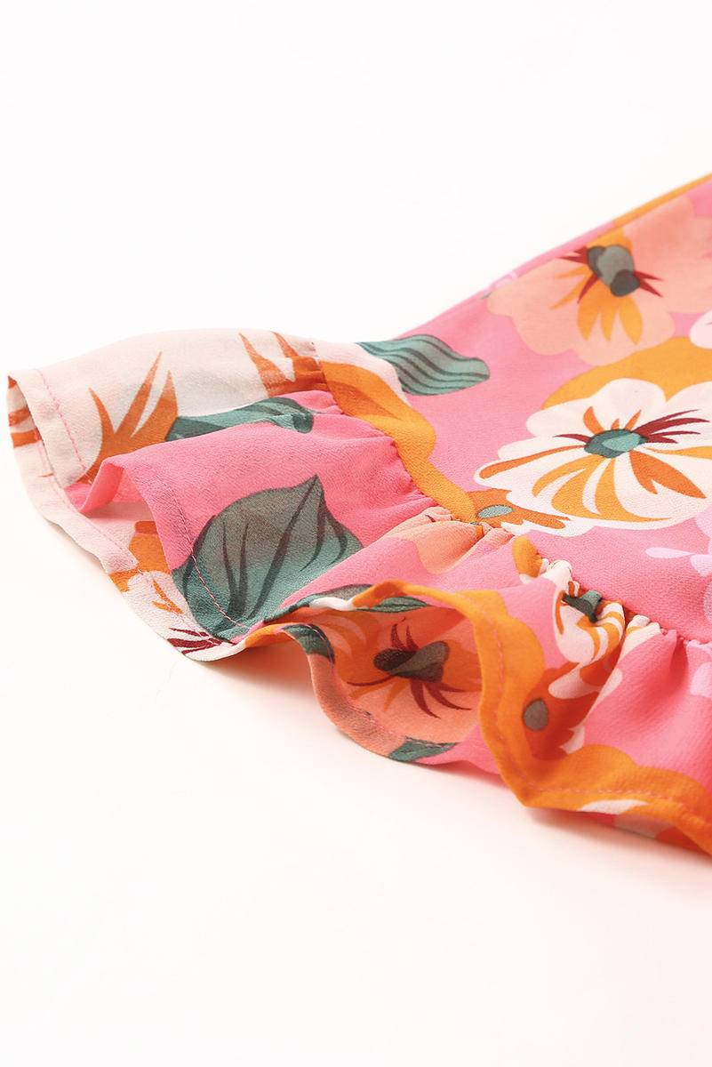 Loose Floral Print Ruffled 3/4 Sleeve Kimono