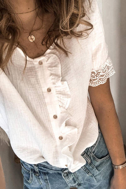 Ruffles Button Short Sleeve Shirt With Lace