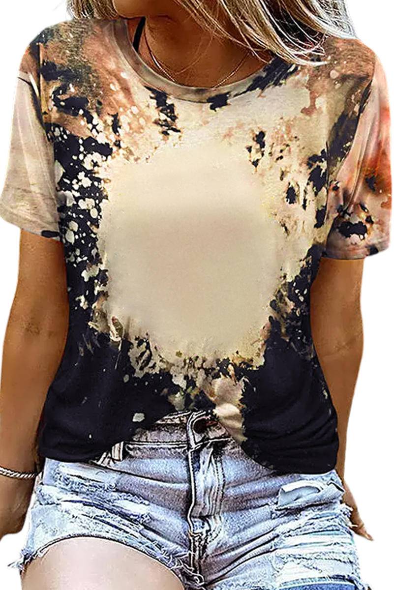 Bleached Dyed Print O-Neck Graphic T Shirt