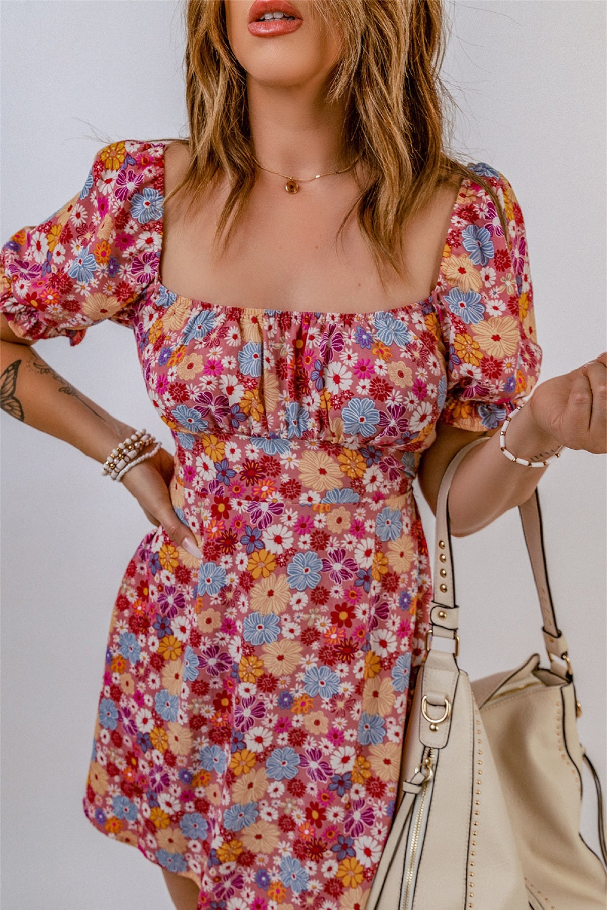 Square Neck Short Puff Sleeves Floral Dress