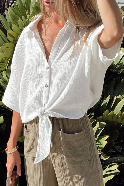 Textured Knotted Button-Up Half Sleeve Shirt