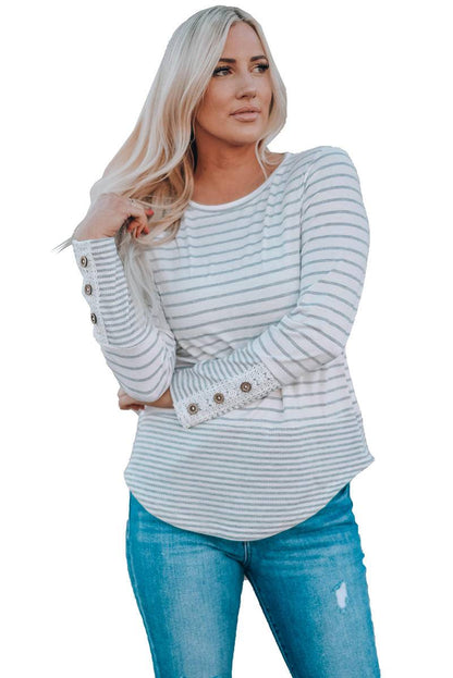 Striped Lace Buttons Splicing Long Sleeve Top