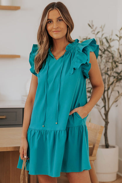 Tiered Ruffled Sleeves Mini Dress With Pockets