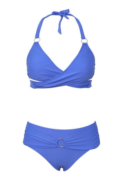 Blue Halter Neck Criss Cross High Waist Bikini Set