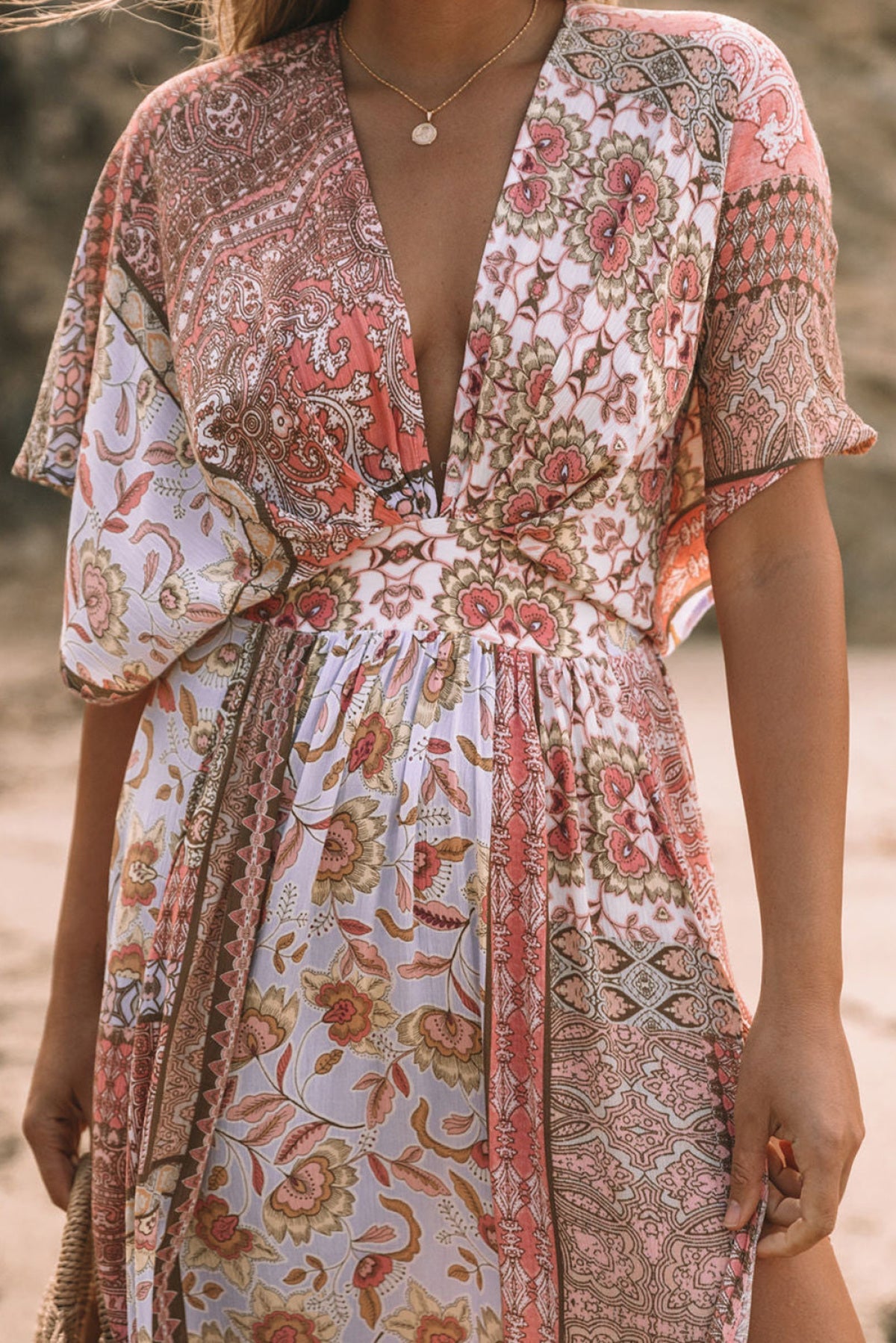 Deep V Kimono Sleeves Beach Dress With Split