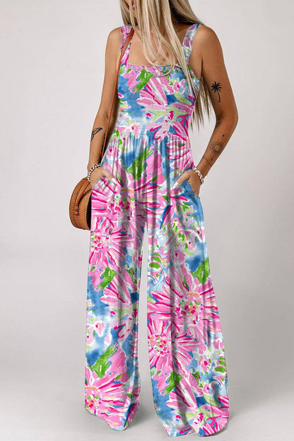 Abstract Floral Painting Smocked Wide Leg Jumpsuit