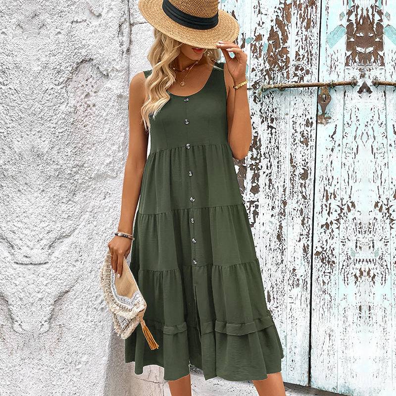 Solid Sleeveless Buttoned Slit Tiered Midi Dress
