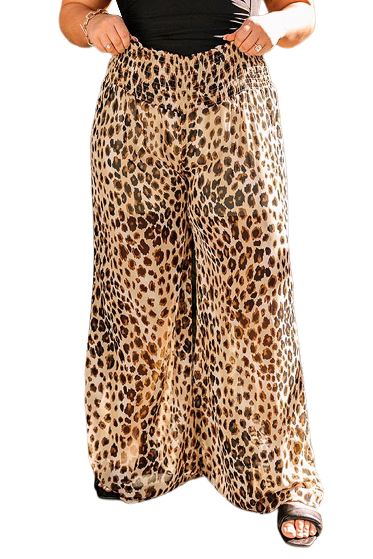 Plus Size Leopard Smoked High Waist Wide Leg Pants